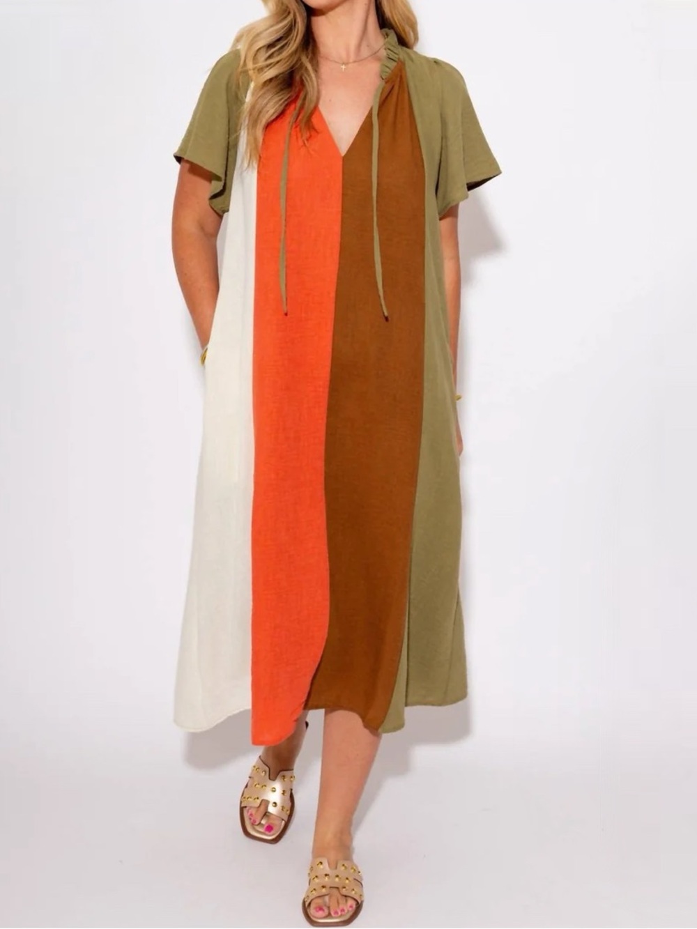 Thml - Color Block Stripes With Tie Midi Dress